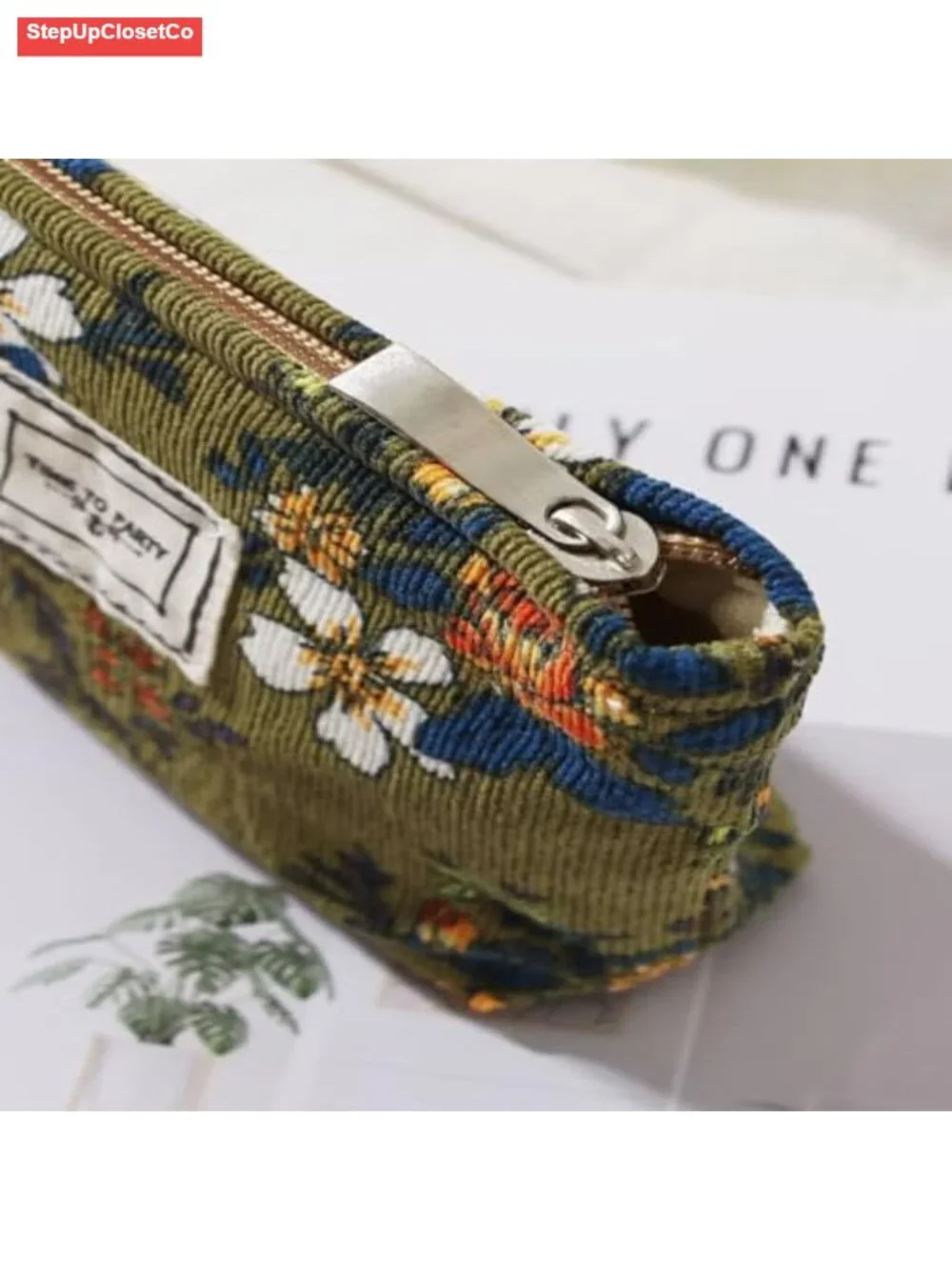 Floral Corduroy Canvas Cosmetic Bag, Large Travel Toiletry Organizer Pouch